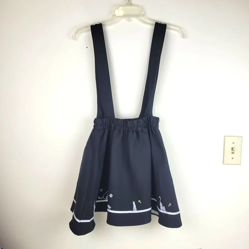 Black elastic flared skirt girls size 4 removable suspenders embroidered cats XS